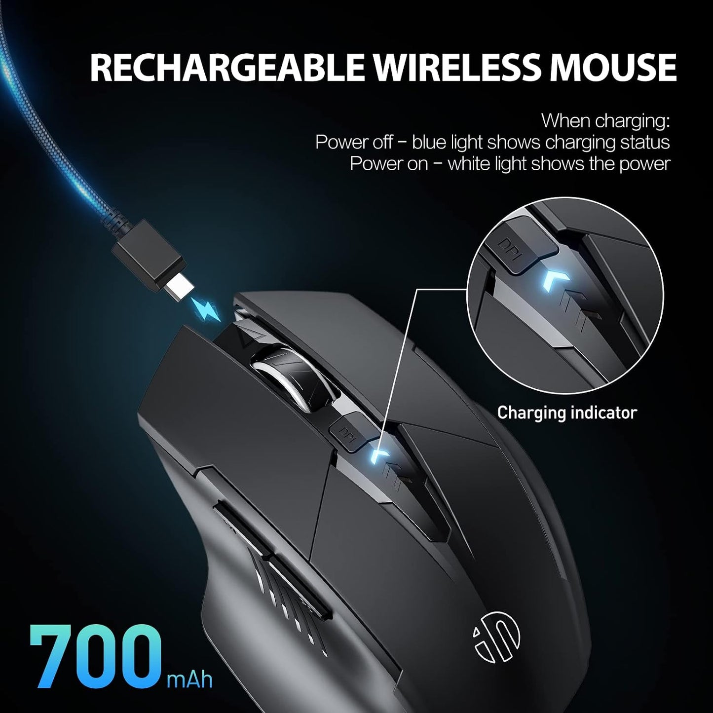 INPHIC Wireless Mouse Rechargeable, Battery Visible, 2400 DPI, 6 Buttons, Ergonomic Large Mouse for Laptop, Computer, Mac, PC etc.