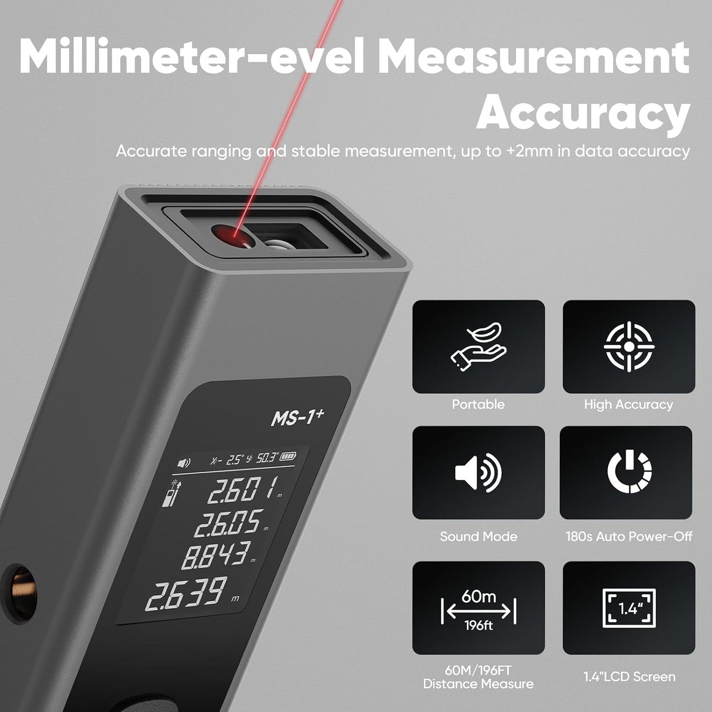 2-in-1 Laser Measure & Line Laser 196 FT - Distance Meter with Cross-Line, Laser Level with 3 Lasers Heads, Type-C Rechargeable- Area/Volume/Pythagorean for Construction, Tiling, 1.4" Black LCD