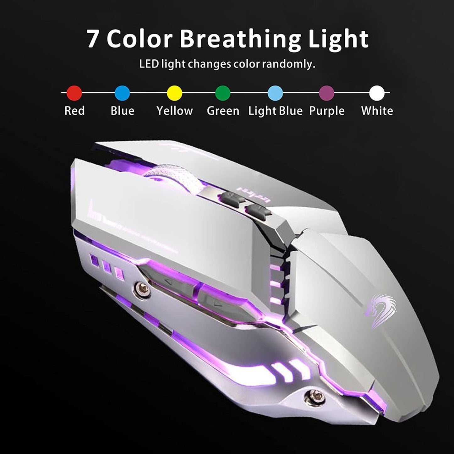 TENMOS T12 Wireless Gaming Mouse, Silent Rechargeable Computer Mice-Silver | 2.4GHz Optical, 7 Color LED Lights, Quiet Click,Side Buttons,3 Adjustable DPI,Ergonomic Design, Nano Receiver,USB C Charging