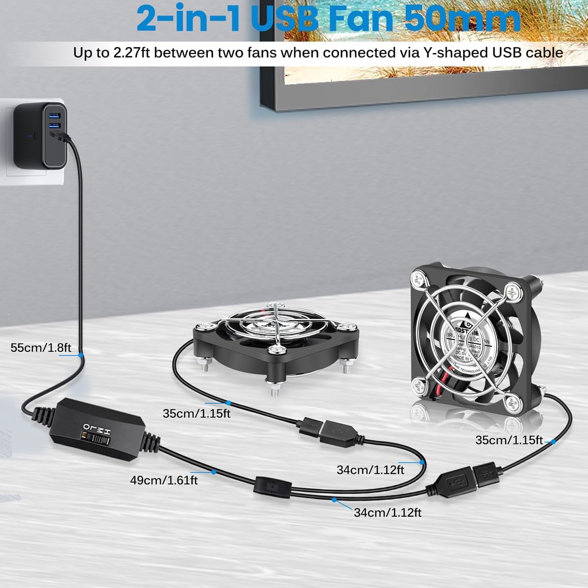 GDSTIME Dual 50mm USB Fan with 3 Speed Control, Mini 5V DC Cooling Cooler | 50x50x10mm, 5010, L/M/H Adjustable Wind, for Raspberry Pi, Cable Box, Aquarium, Small Appliances Series Replacement