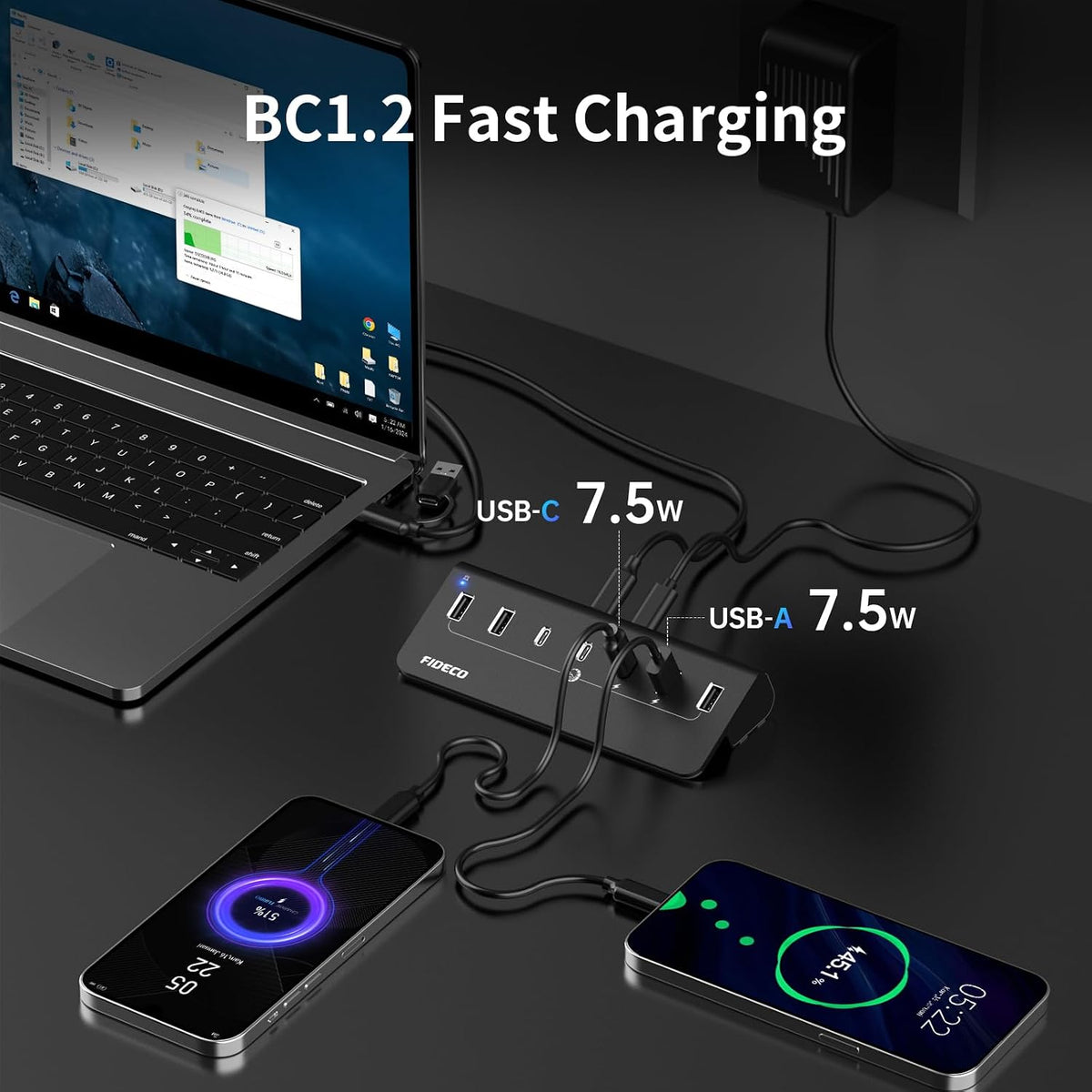 FIDECO Powered USB Hub, 7 Port 10Gbps Fast Data Hub for iPhone 16/15 and Laptop, Full Aluminum USB Splitter with 5V 3A Power Adapter, 4 USB A and 3 USB C Ports, Support BC1.2 Charging