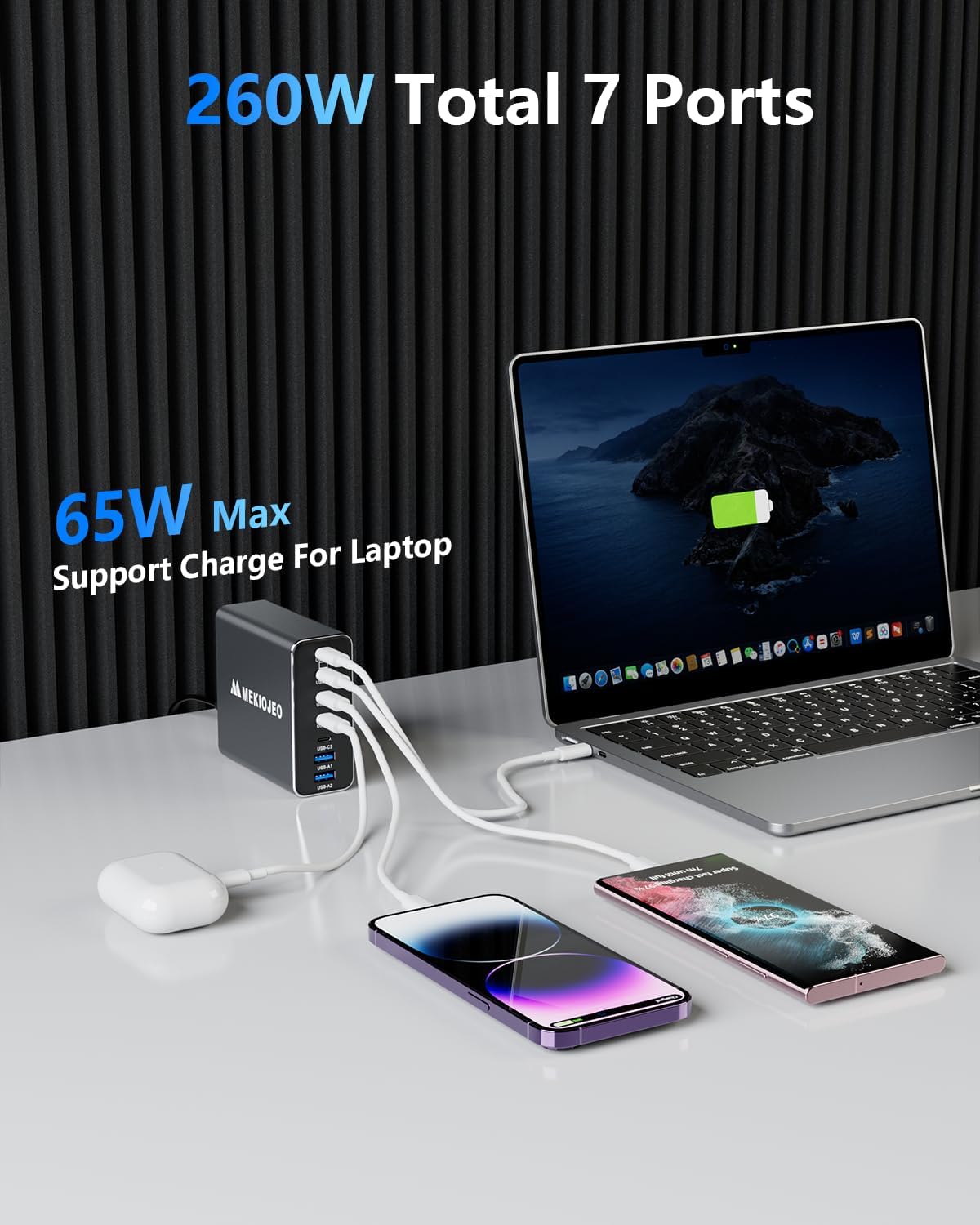 Aluminum Alloy 260W USB C Charger GaN Fast USB C Charging Station 7 Ports | 65W Laptop Charger for MacBook Pro/Air/iPad Pro/iPhone