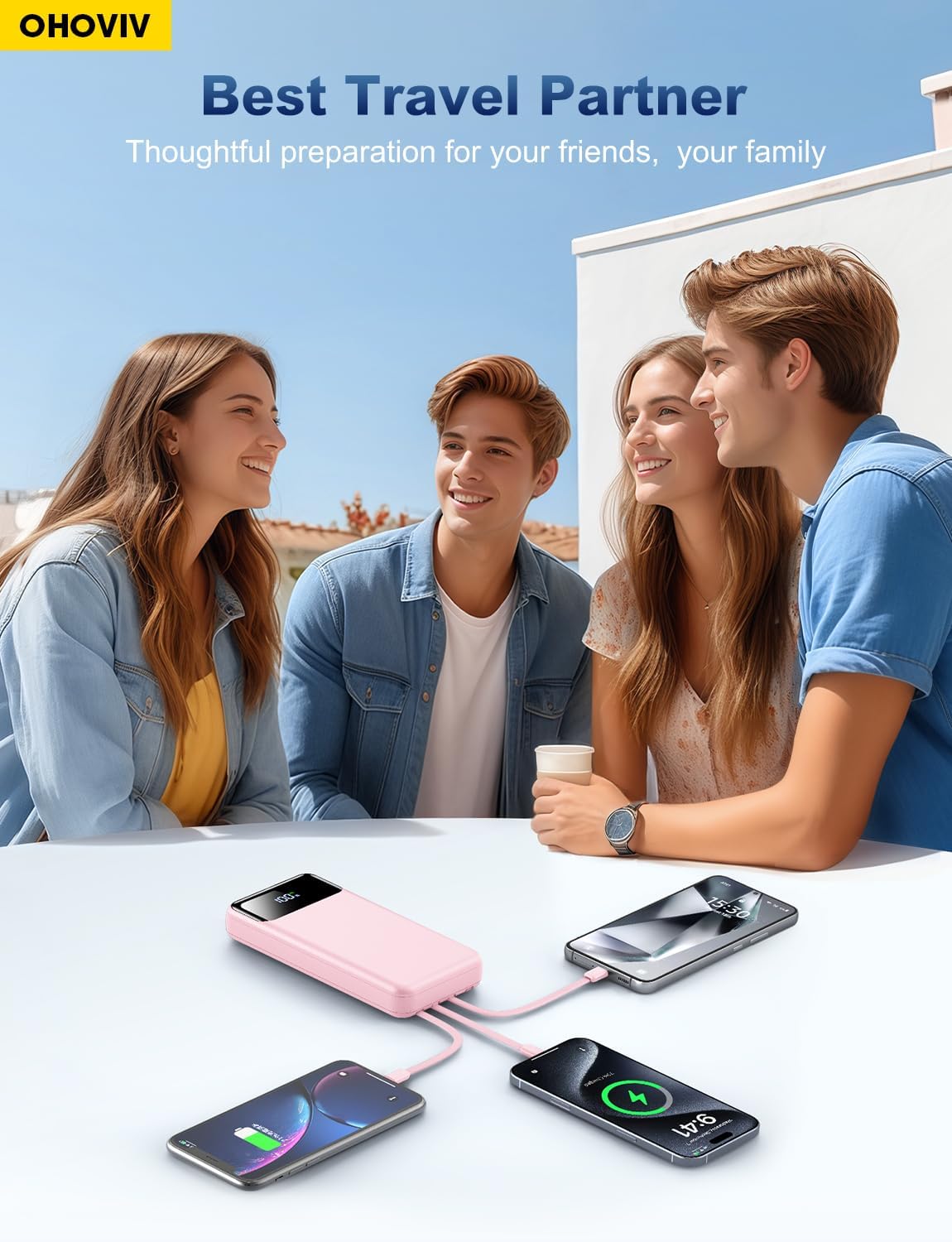 OHOVIV Portable Charger Power Bank 50000mAh,4 Built-in Cables Battery Pack | 22.5W Fast-Charge,55% in 30mins,10 Times for iPhone,Camping Travel Essential,Compatible with iPhone,Samsung,Tablet,Pink