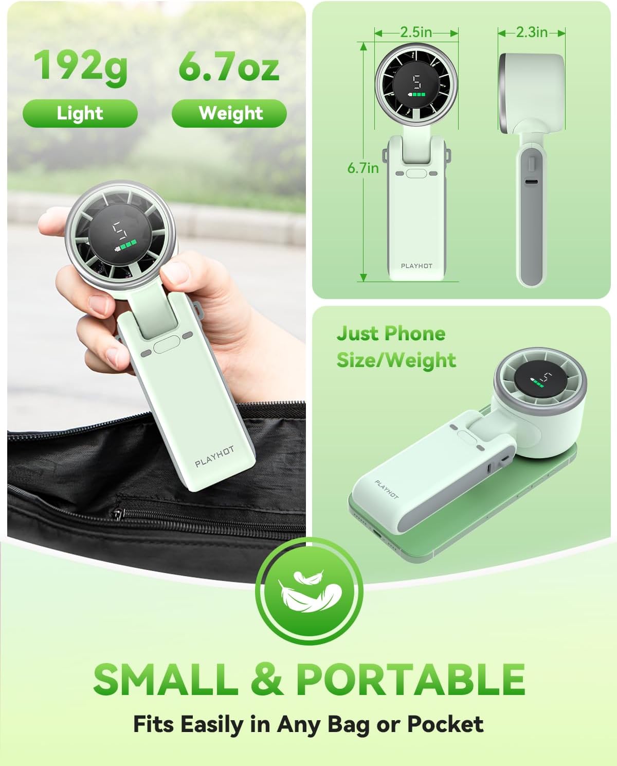 PlayHot Portable Handheld Turbo Fan, Travel Essentials, Gifts for Women/Men | 5-Speed, Up to 12H, 10m/s Airflow, USB-C Rechargeable, LED Display, 3-in-1 Foldable Personal Fan for Cruise, Beach, Vacation