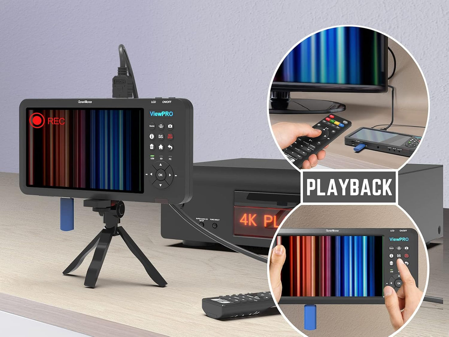 ClonerAlliance ViewPro, Portable 1080p@60fps HDMI Video Recorder and Playback with 7" LCD, AV/VGA/YPbPr Inputs. Schedule Recording. No TV is Required.
