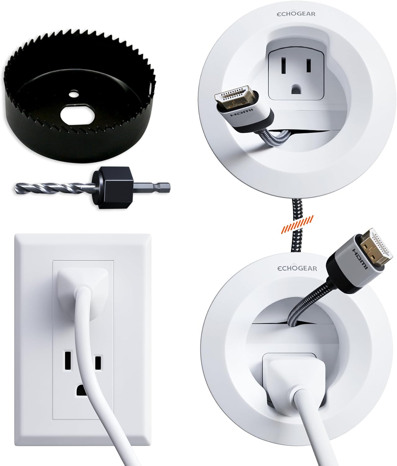 ECHOGEAR in-Wall Cable Management Kit for Power & Low Voltage Cords – Hide TV Wires Behind the Wall – Includes 3.75” Diameter x 3.25” Depth Modules, 6ft Extension Cord, Drywall Hole Saw Attachment