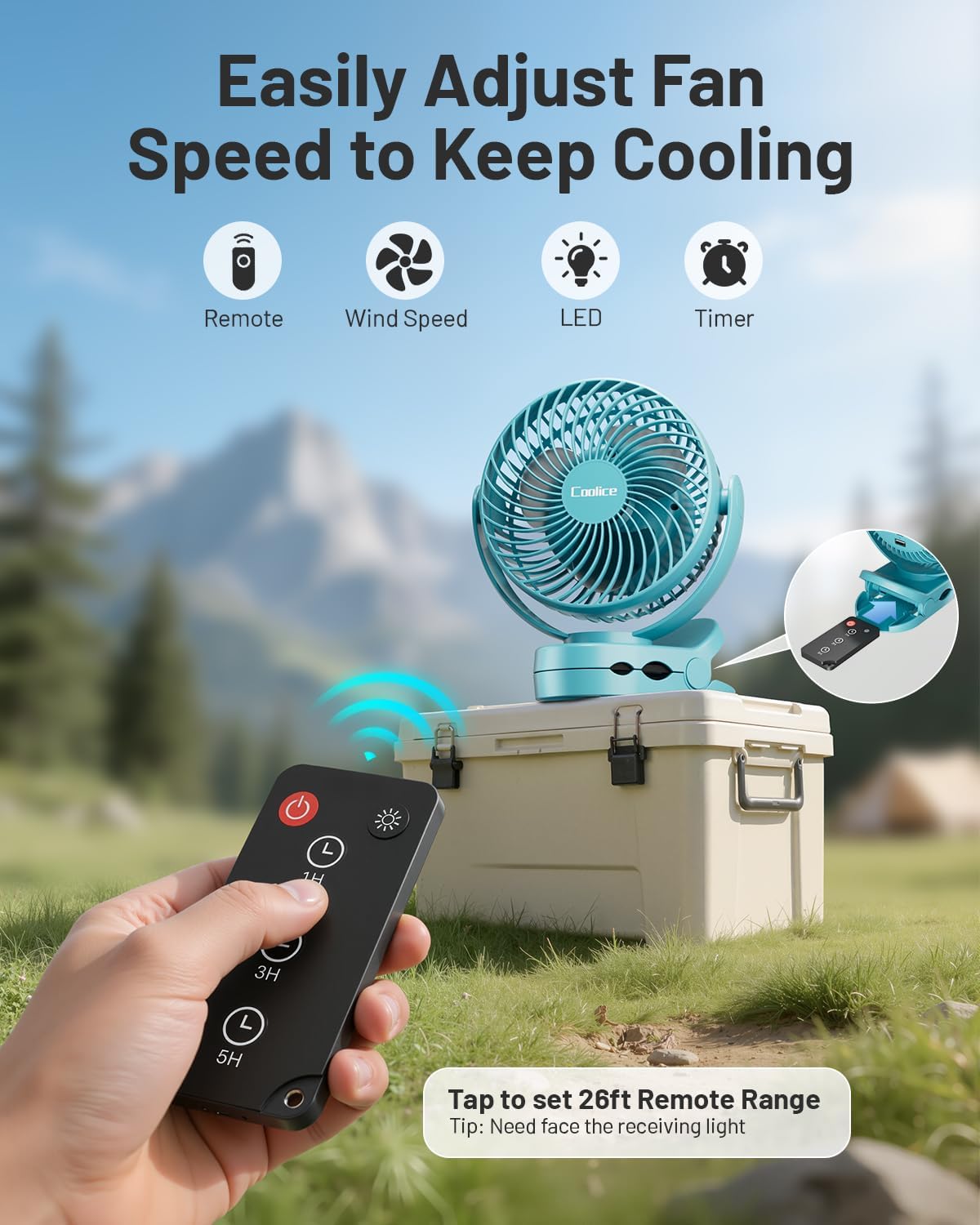 Camping Fan with Remote Control - 12000mAh Rechargeable Battery Powered Fan, Camping Fans for Tents with LED light & Hanging Hook, Rechargeable Battery Operated Ceiling Fans for Tent RV Bed, Blue