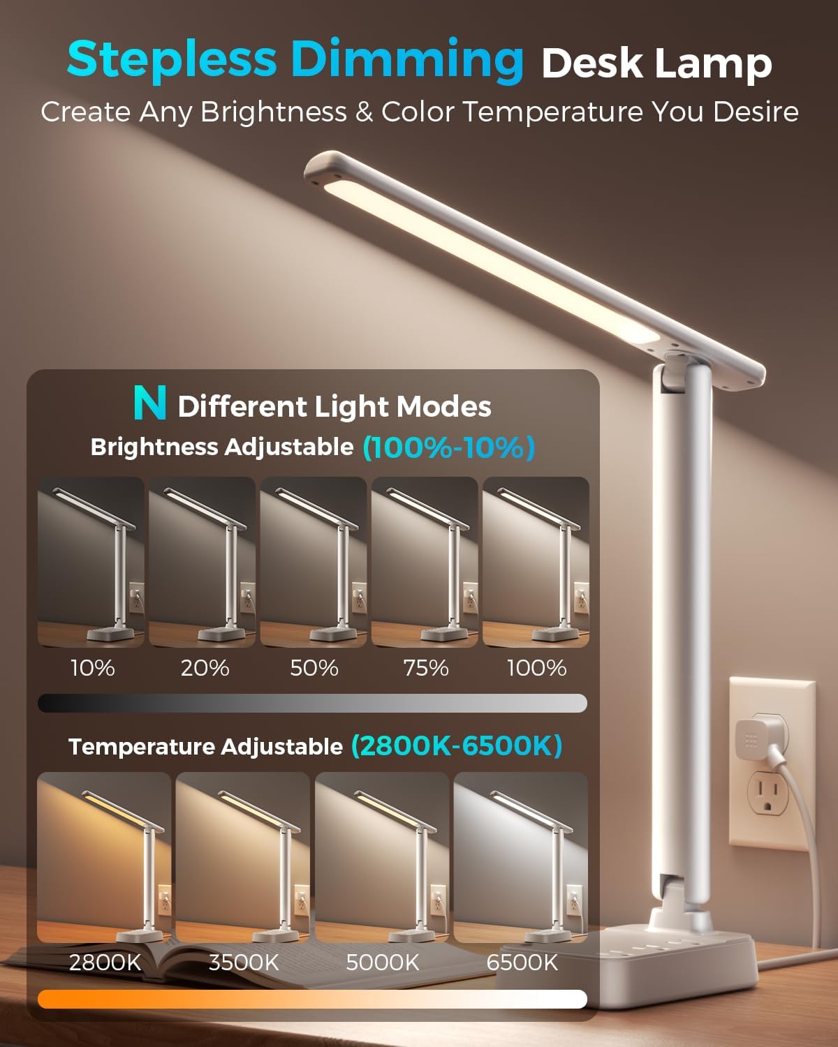 LED Desk Lamp with Power Strip, 3 AC Outlets, 4 USB Ports, Stepless Dimming