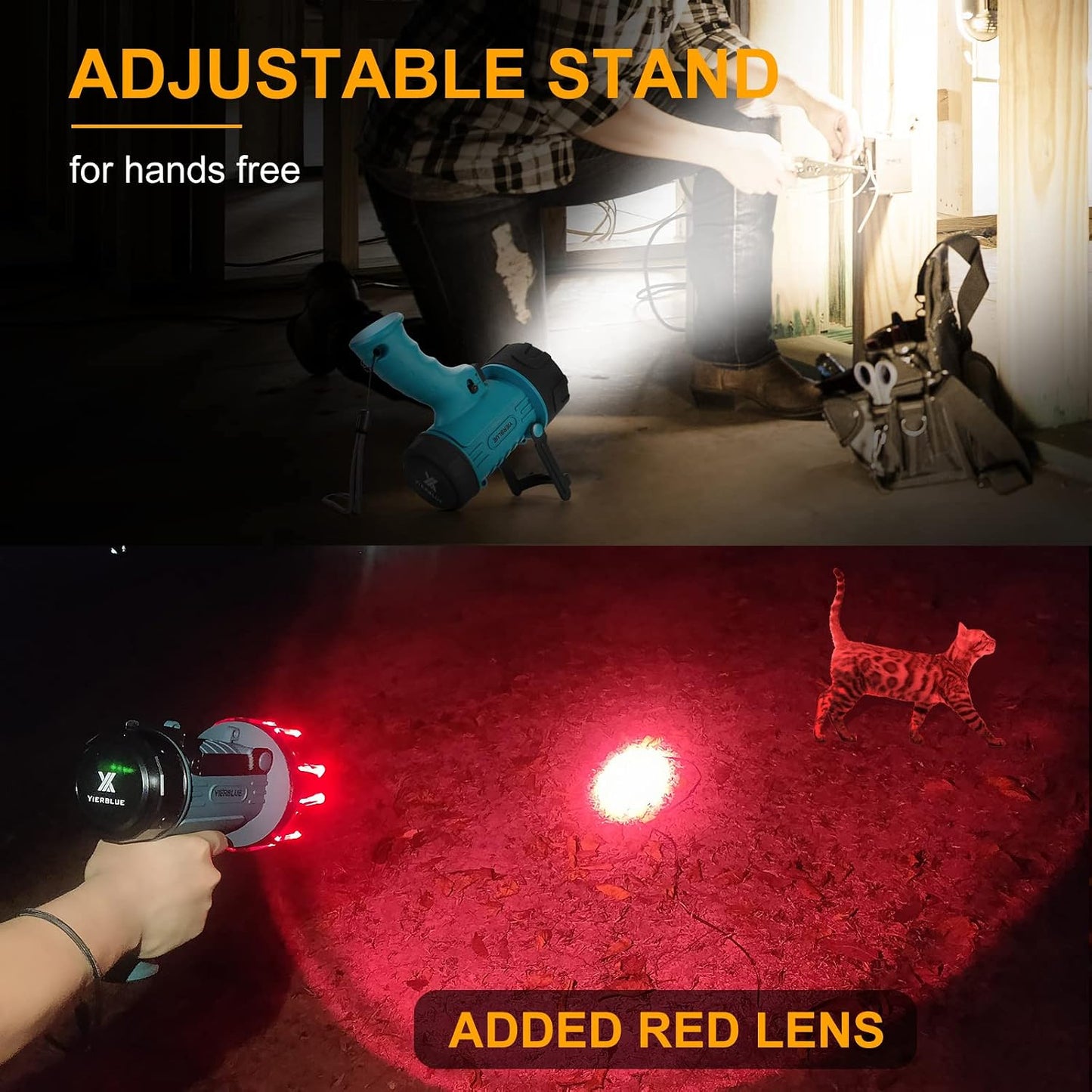 YIERBLUE Rechargeable Spotlight Flashlight with 2000000 High Lumen LED, IP67 Waterproof Long Running Spot Light searchlight, Impact Resistant Handheld Spotlight with Foldable Stand Red Lens