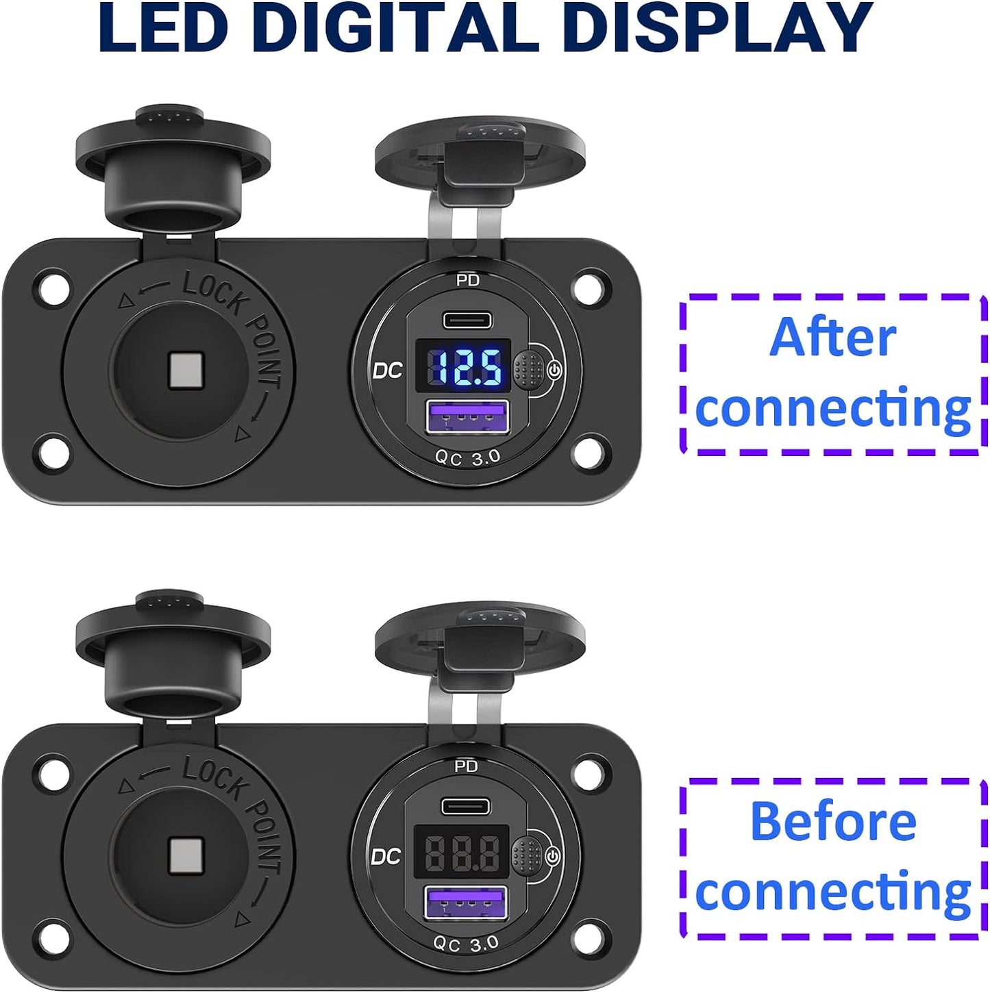 Cigarette Lighter Socket 12 Volt USB Outlet: PD 20W C and QC3.0 Car Port Aluminum Metal 12V Plug, 150W Charger Panel with Power Switch LED Voltmeter for Marine Boat RV Golf Cart
