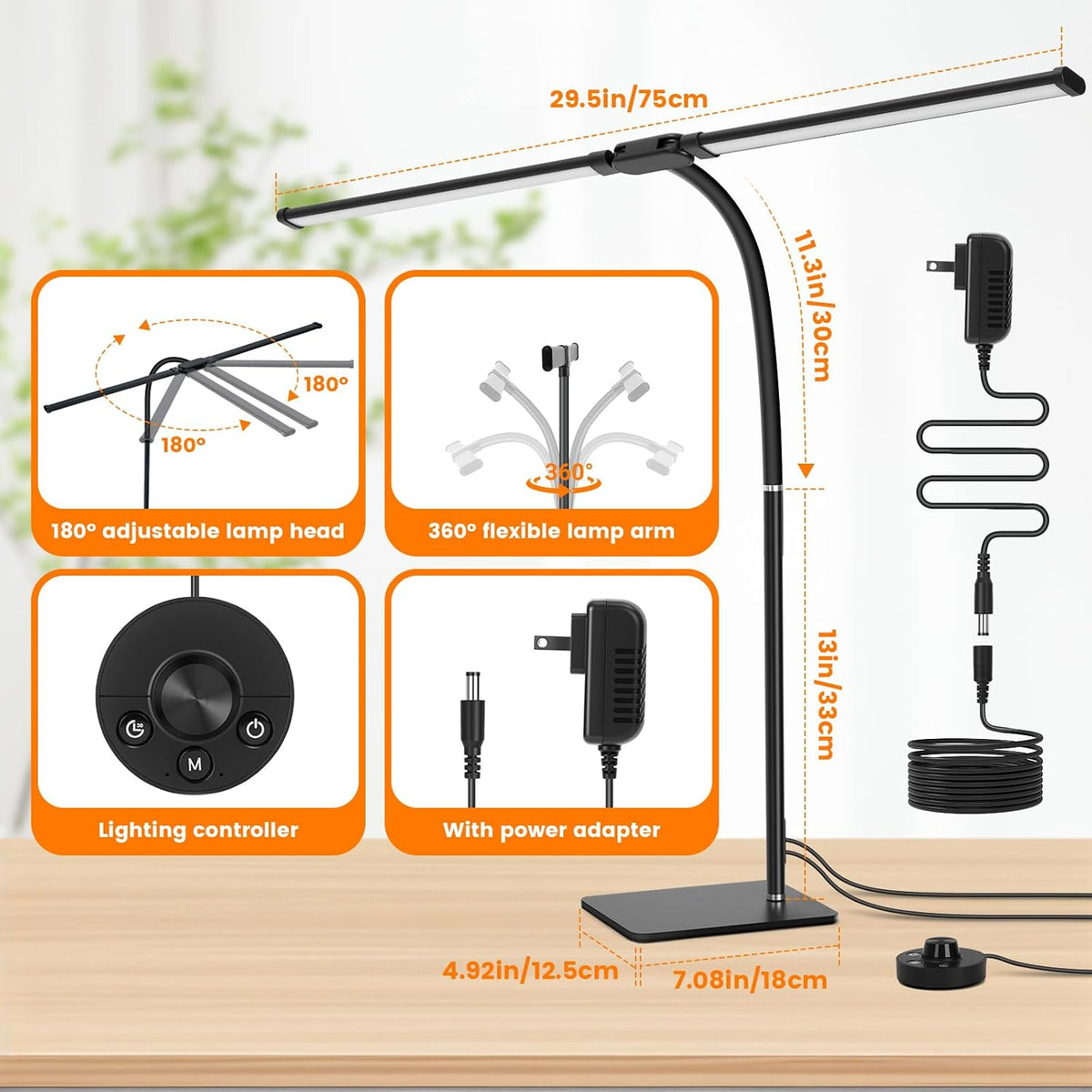 Desk Lamp for Home Office,Adjustable Double Head Desk Light with Base Black