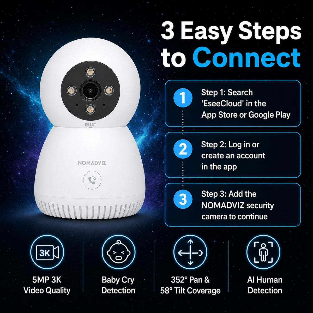 5MP 3K Indoor Camera with One-Touch Call for Pet & Baby Monitor