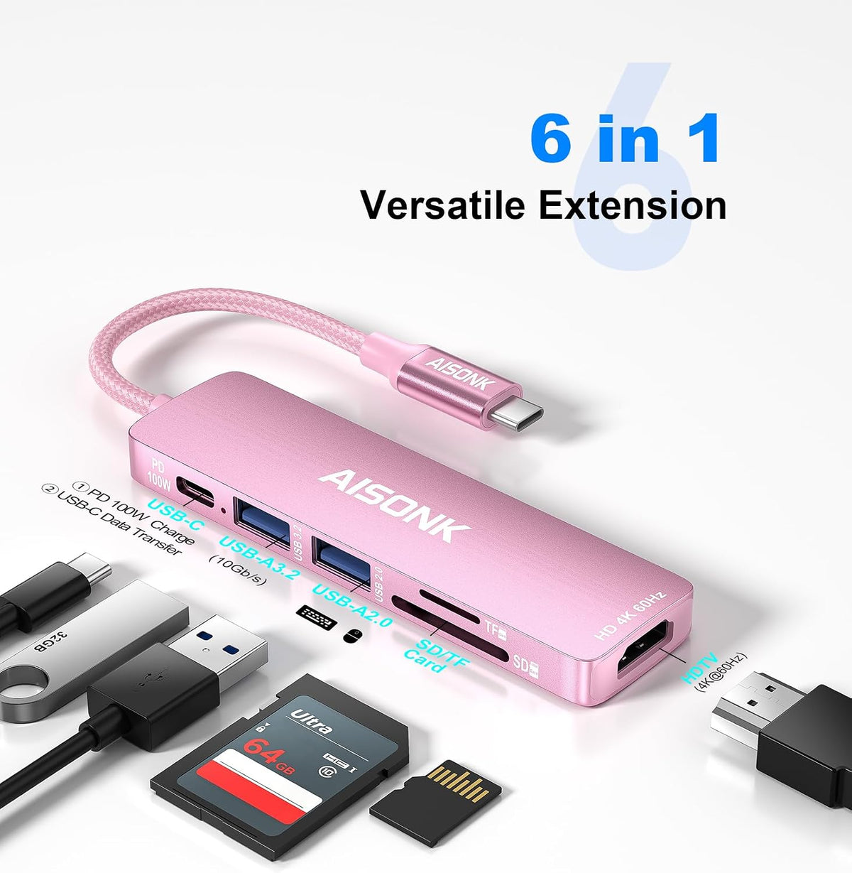 USB C Hub, 4K@60Hz C to HDTV Multiport Hub Adapter, 100W PD, 10Gb/s USB 3.2