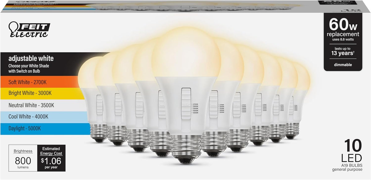 Feit Electric A19 LED Light Bulb, 60W EQ, 5CCT, Dimmable, 10-Pack