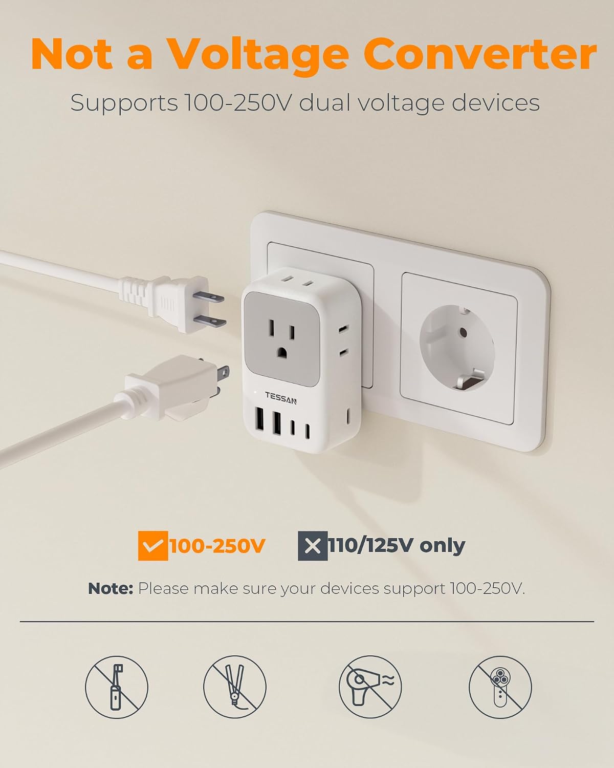 TESSAN Type F Plug Adapter 2 Pack, 28W Germany France Travel | 4 Outlets 5 USB Ports (3 USB-C), Type E Power Adaptor, US to Europe Spain Iceland Greece South Korea Russia Norway