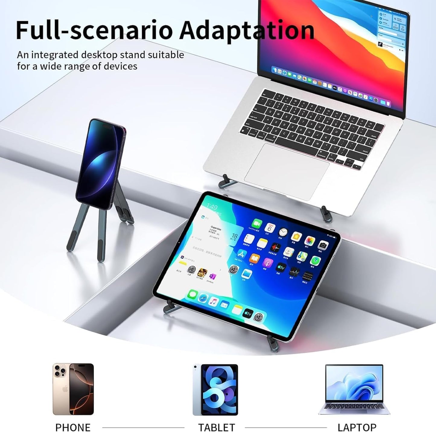 Portable Laptop Stand, 3-in-1 Magnetic Foldable Adjustable, for Desk（Gray） | Aluminum alloy, lightweight compact, 8-level height, ergonomic, for phone/tablet, home office/travel