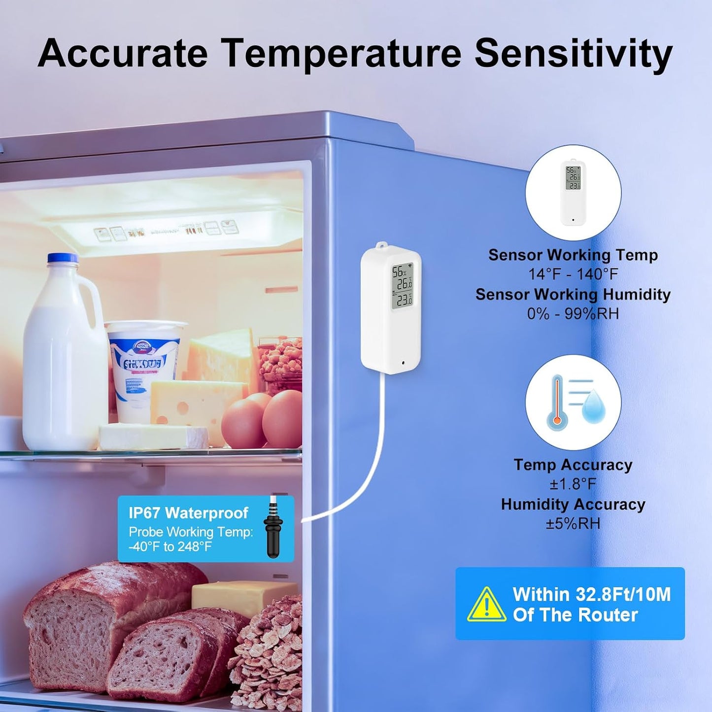 eMylo WiFi Refrigerator Thermometer Hygrometer with Probe, Smart Wireless Freezer Temperature Humidity Monitor, App Alerts & Data Export, Alexa Compatible for Fridge, Aquarium, Wine Cellar