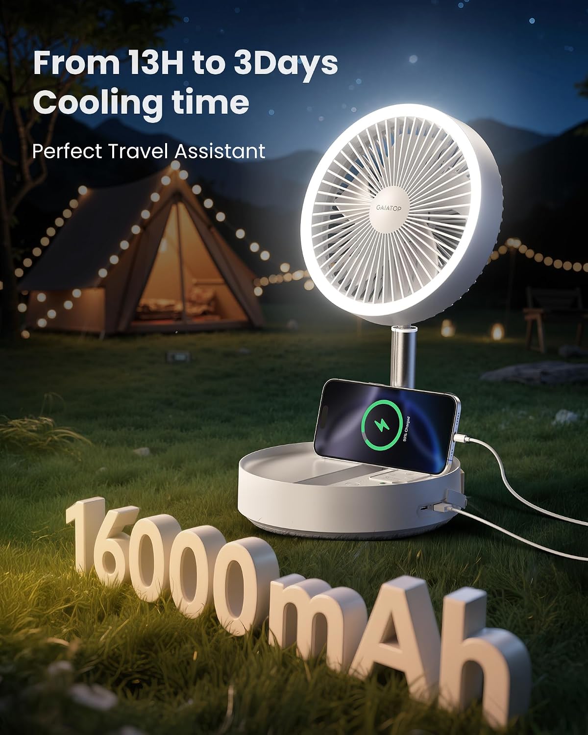 Gaiatop Portable Pedestal Fan 16000mAh Battery [Max 74h Runtime], Foldable Oscillating Standing Fan, Collapsible Desk Fans, LED Light, Case & Remote Control 4 Speeds for Outdoor Travel Camping (White)