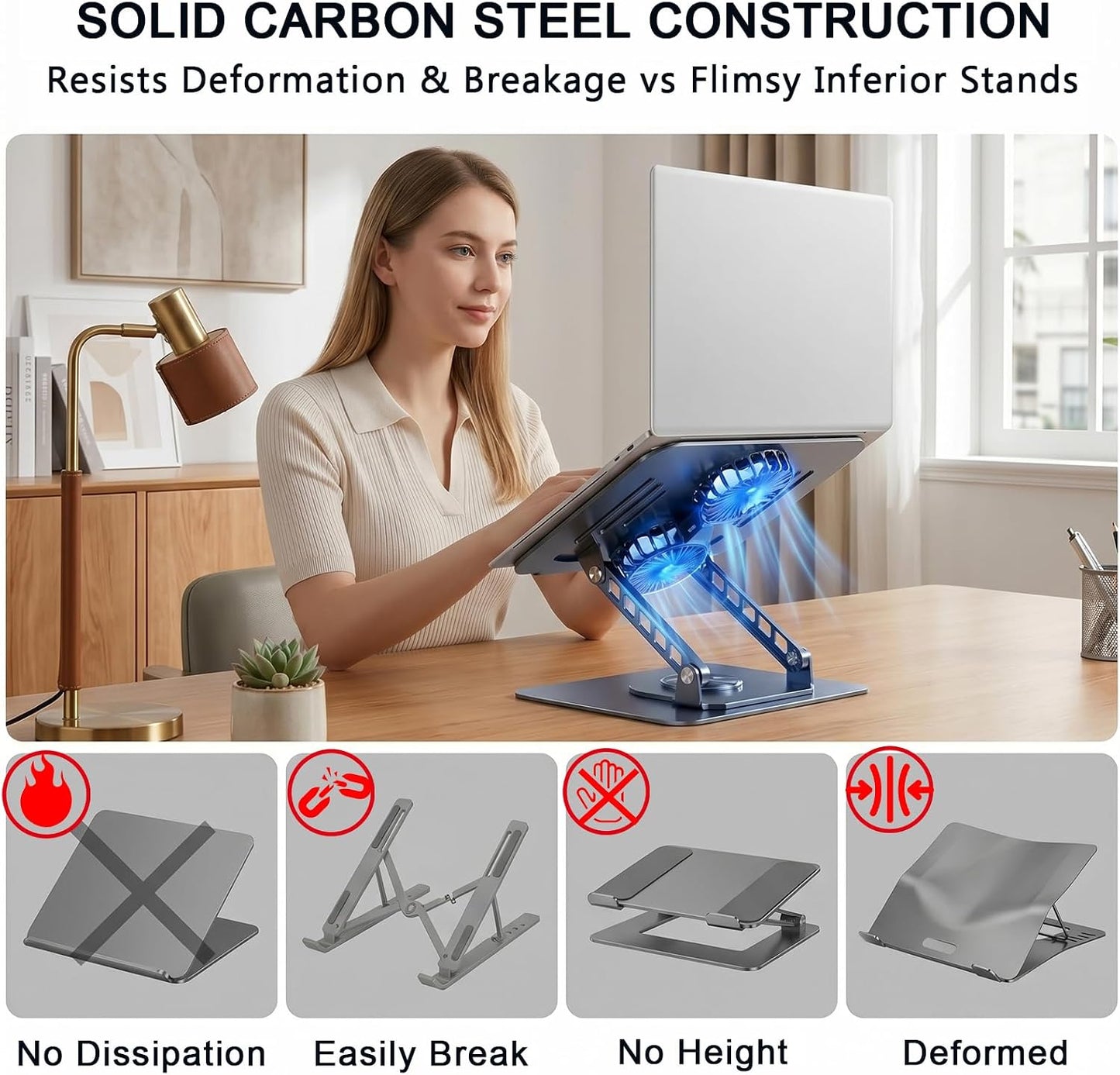 Laptop Stand with Cooling Fan, 360° Rotating Base Aluminum Laptop Riser, Foldable Ergonomic Computer Stand for Desk, Height Adjustable Notebook & All Laptops Up to 17.3" (Black)