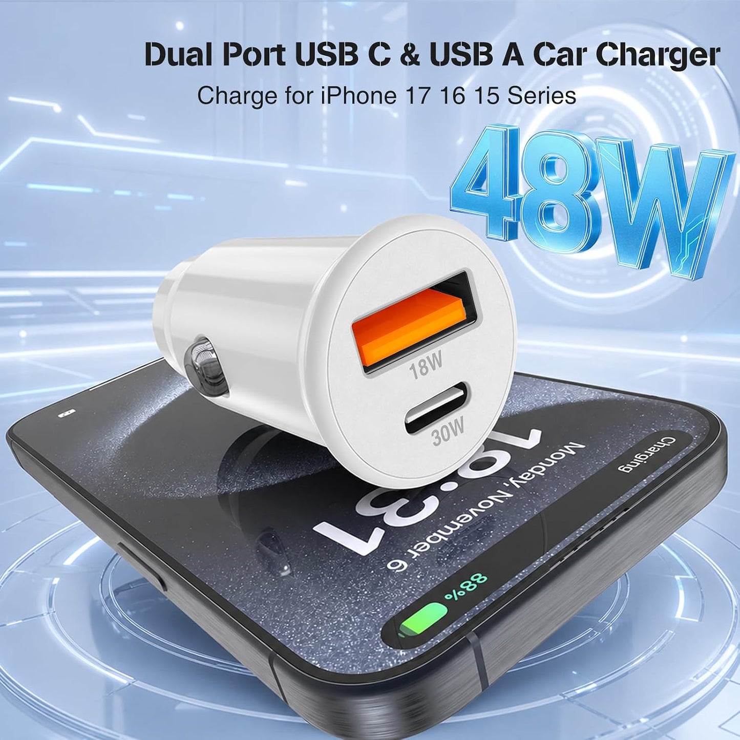 48W USB C Car Charger, Dual Port USB-C & USB-A Car Fast Charging Adapter | 2X3FT C to C Cable & A to C Carplay Cable, Super Fast Type C Car Charger for iPhone 17 16 15 Series/iPhone Air, iPad, Samsung
