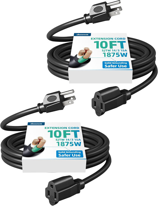 DEWENWILS 2 Pack 14/3 10FT Outdoor Extension Cord 15A Black, ETL Listed
