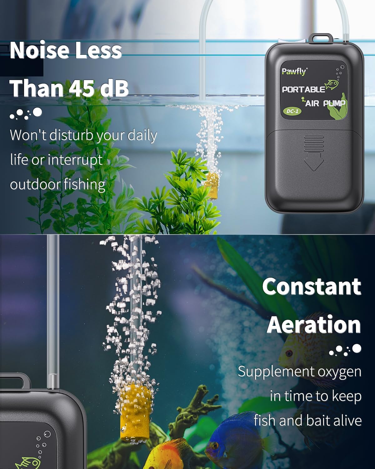 Pawfly Aquarium Air Pump, 40 GPH Fish Tank Air Pump for 5-30 Gallon Tanks，Black & White