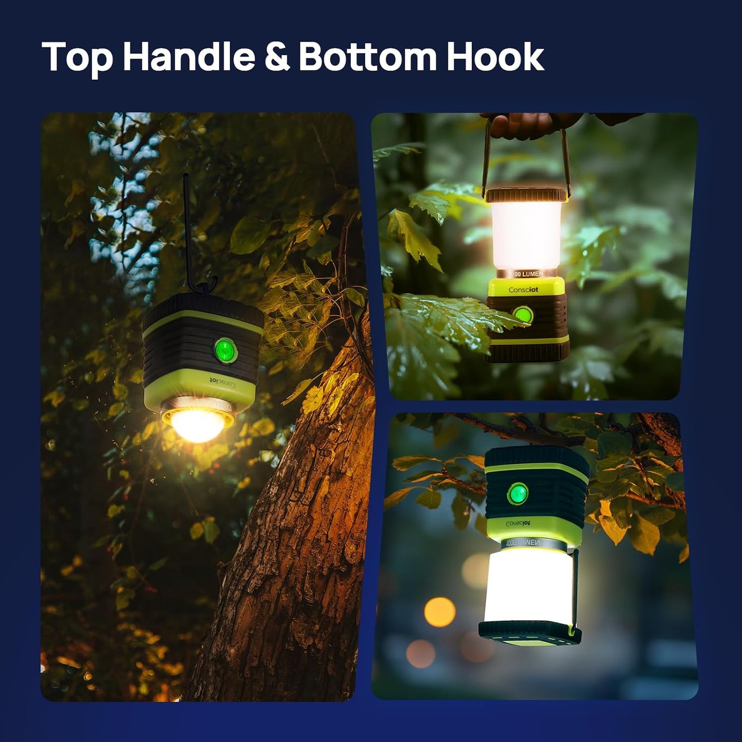 Consciot 1000LM LED Camping Lantern Rechargeable, 4 Light Modes, Dimmable | 4400mAh Portable Battery Pack, IPX4 Waterproof Tent Lights, Flashlight for Emergency, Power Outages, USB C Cable Included