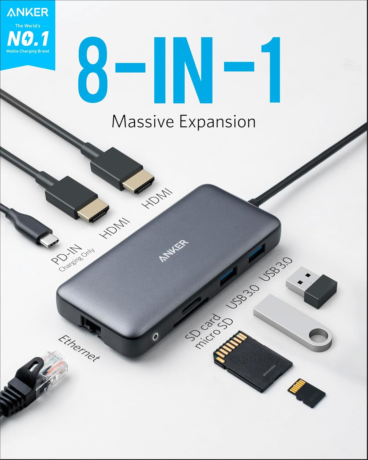 Anker Laptop Docking Station Dual Monitor, 8-in-1 USB C Hub with 4K HDMI | Dual HDMI USB C Dock, 1Gbps Ethernet, 85W Max PD, SD/TF Card Reader, for USB C Laptops, XPS and More (Charger Not Included)
