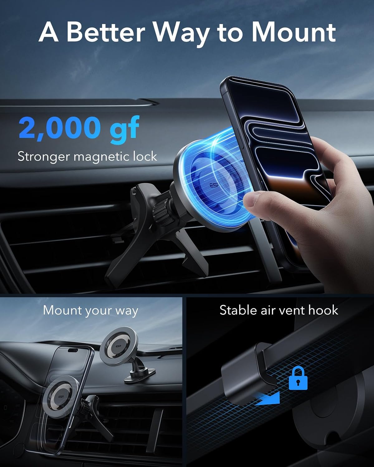 ESR for MagSafe Car Mount, Car Phone Holder for iPhone 17-12,Samsung/Google | Magnetic Phone Holder for Air Vent/Dashboard, for All Smartphones(2 Metal Rings Included), Charging Not Supported, Black