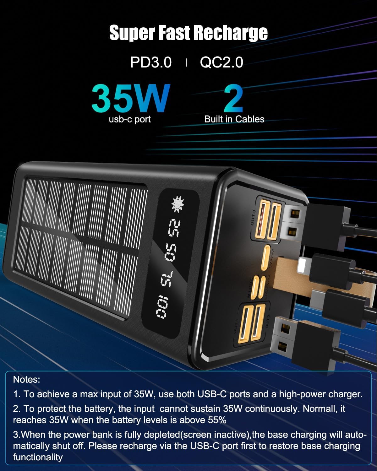 80000mAh Solar Battery Charger, 35W Fast Charging Solar Power Bank,Built-in USB-C/Lightning Cables for Camping,Travel,Emergencies,Tech Devices| 9-Port PD/USB-C, LED Flashlight (Black-Cable)