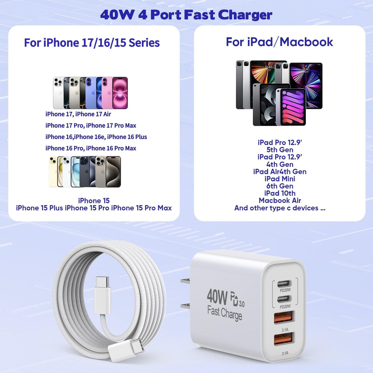 10FT iPhone 17 16 15 Pro Charger,2Pack 10Foot USB C to C Woven Cable Cord 40W USB C Apple Charger 4 Port PD&AC Charge Block Fast Charging for iPhone 17 Air/17 16 15 Pro Max/16e/16 Plus/15/15 Pro/iPad