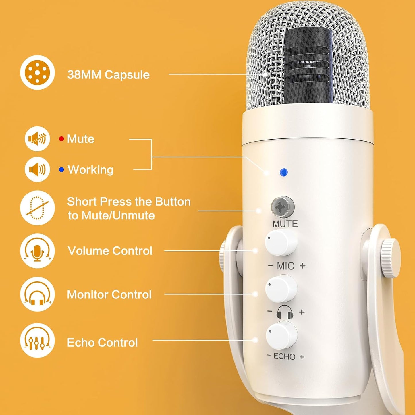 ZealSound Podcast Microphone for iPhone PC & Android, Noise Cancellation Mic with Gain Knob, Volume Adjustment & Mute Button, Monitor & Echo, for ASMR Podcasting Recording YouTube & TikTok - K66 White
