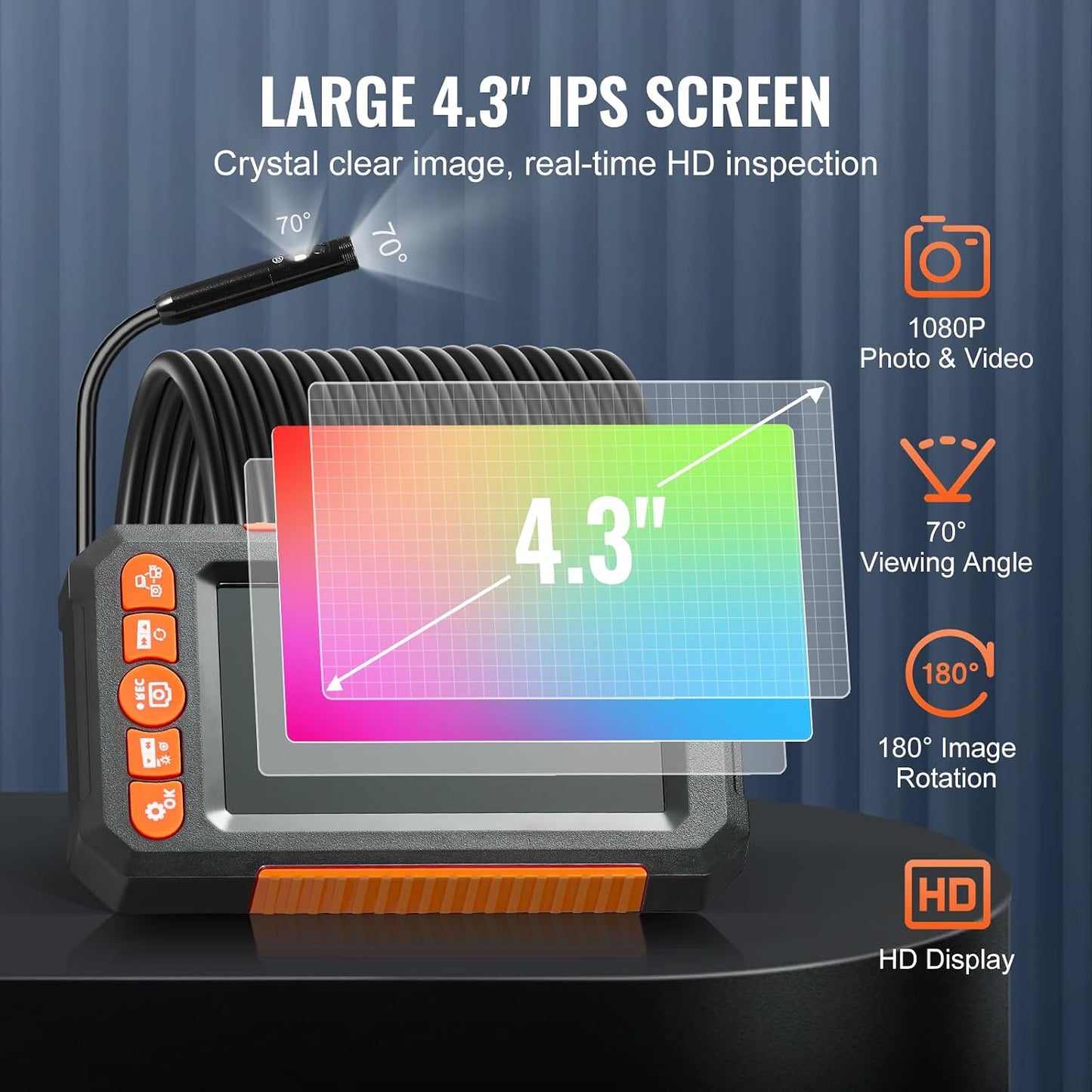 VEVOR Endoscope Camera with Light, Dual Lens Industrial Borescope, 4.3" Screen 1080P Inspection Camera, 8 + 1 Lights, 4X Zoom, IP67 Waterproof Snake Camera for Auto, Plumbing (16.4FT Cable, 32GB Card)