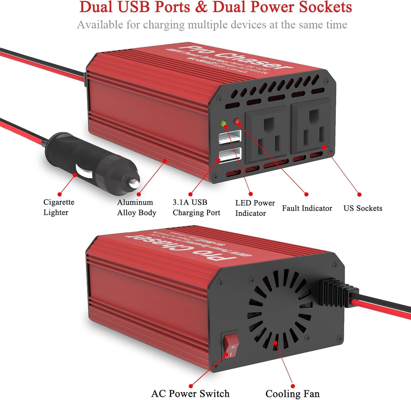 Pro Chaser 400W Power Inverters for Vehicles DC 12v to AC 110v Car Inverter | Car Converter, 6.2A Dual USB Charging Ports, Dual AC Adapter for Laptops Air Compressor