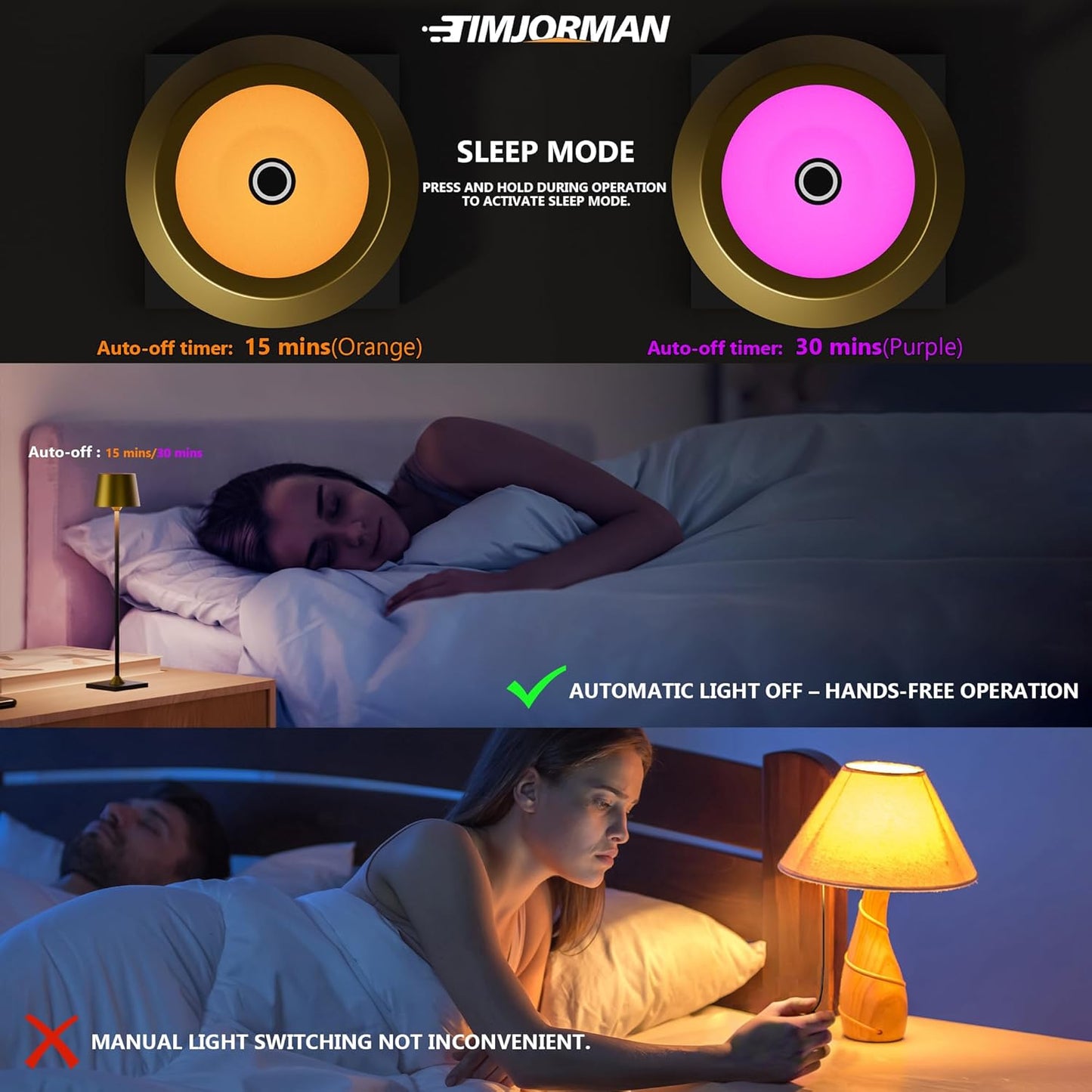 Timjorman Compact Cordless Table Lamp, Rechargeable LED Night Light, Dual Light Source (RGB Top & Warm Bottom), Touch Control & Timer, Metal Lamp for Bedroom & Kids Room (Antique Brass & Black)