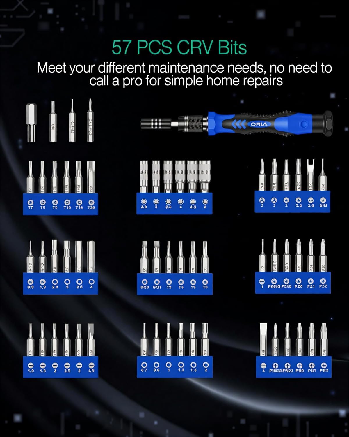 ORIA Precision Screwdriver Set, 61 in 1 Small Screwdriver Set with 57 Precision Bits, Portable Repair Tool Kit, Magnetic Screw Driver Kit with Extension Rod for Smartphone, PC, Watch,Toys, Blue