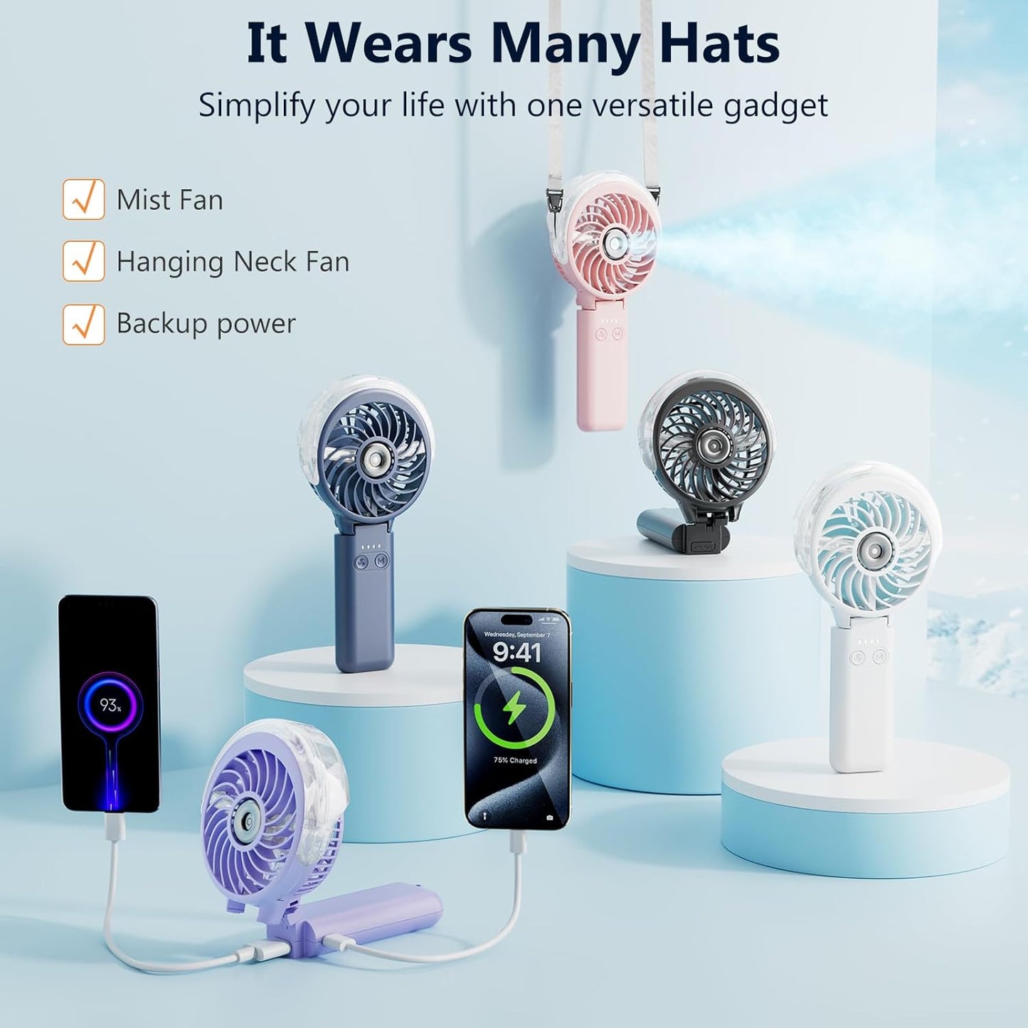 HandFan 5200mAh Upgraded Personal Misting Fan, Rechargeable Handheld Mister Fan, Spray Water Mist Fans, Portable Cooling AC, Electric Mini Hand Fans for Beach Travel Outdoors(White)