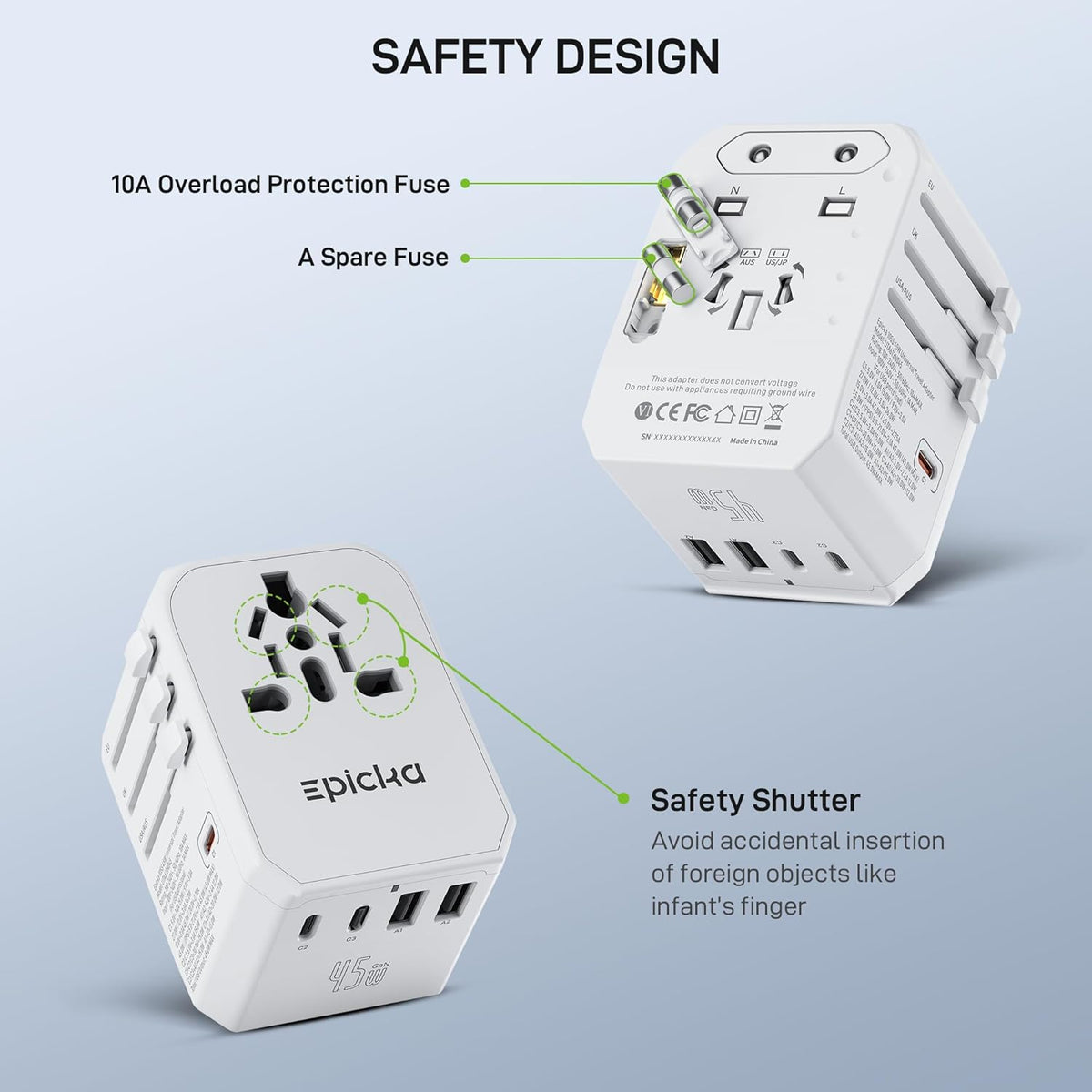 EPICKA 45W Universal Travel Adapter PD&QC, 1AC/4USB-C/1USB-A | Travel Plug Adapter for EU/US/UK/AUS, Fast Charging for Multi-Device, Not A Voltage Converter, TA-105S, White