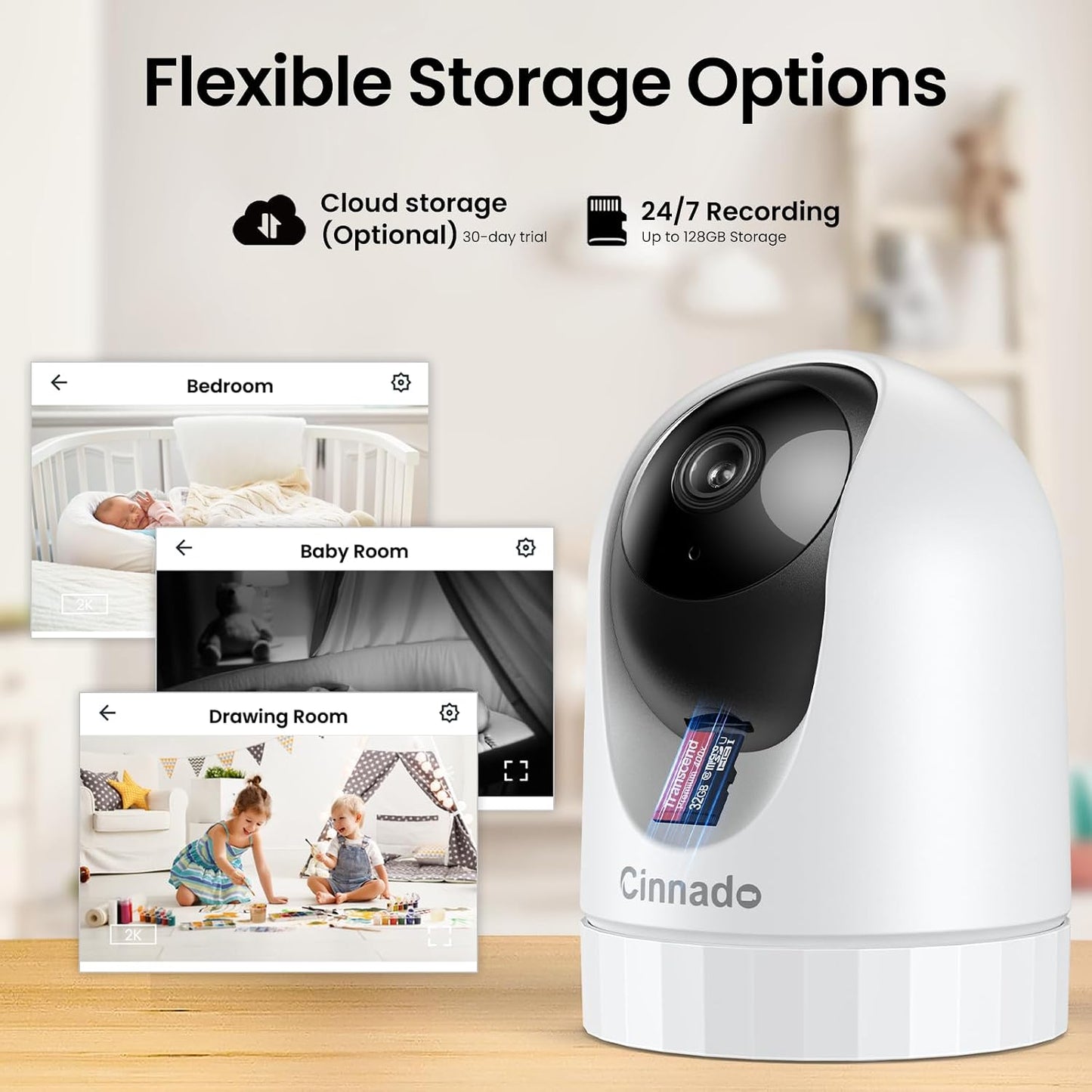Cinnado 2K Security Camera Indoor for Pet/Dog/Baby with Phone App, D1 1Pack | 360° 2.4Ghz Wi-Fi Cam as Elderly/Baby Monitor, 2-Way Audio, Night Vision, 24/7 SD Card Storage, Alexa & Google Compatible