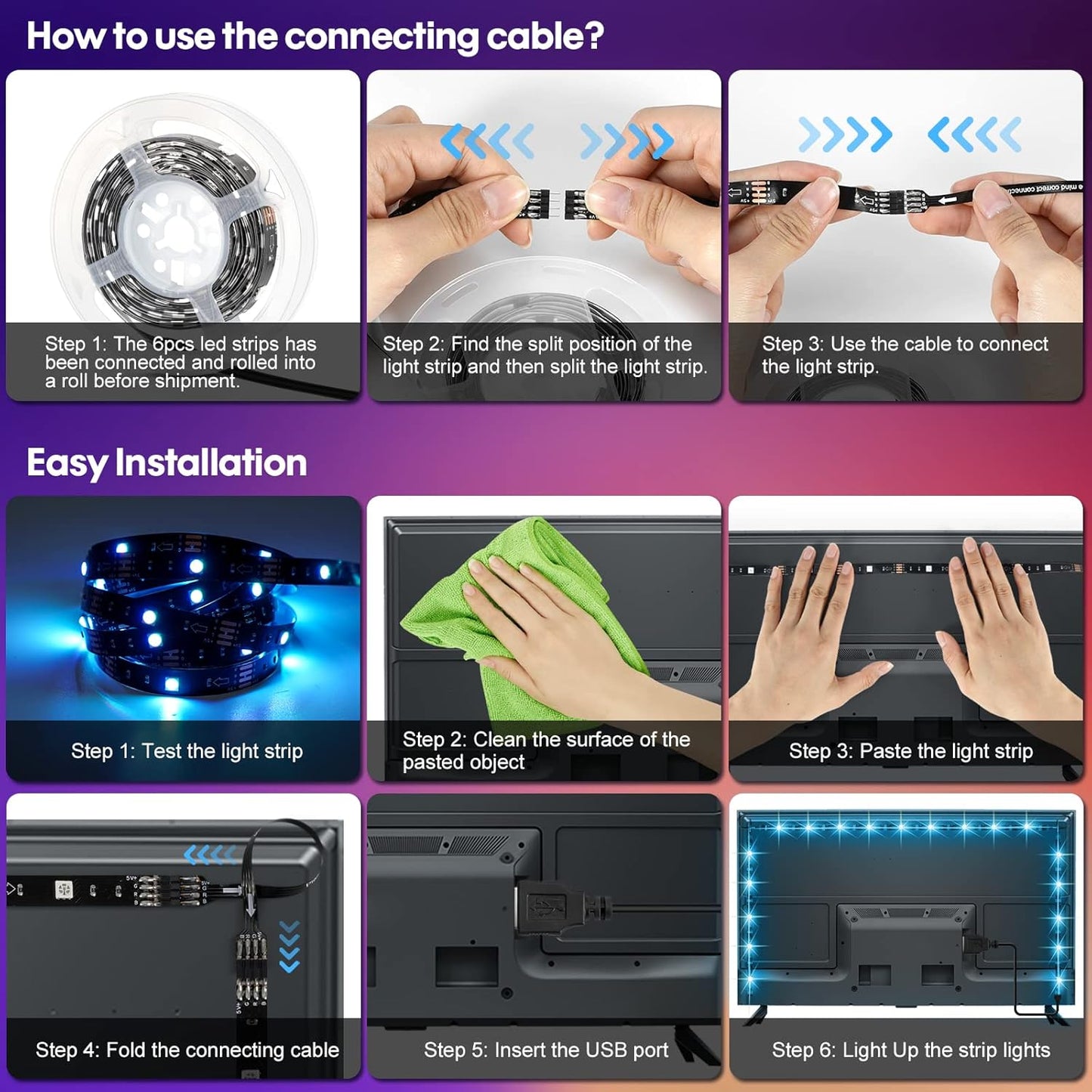 RGB LED Strip Lights 10ft/6 Pre-cut 1.64ft for 43-65 Inch TV Backlight | Color Changing Strip Light Music Sync, Remote,App Control,USB Powered Bias LED Lighting for Gaming Bedroom PC Monitor Cabinet