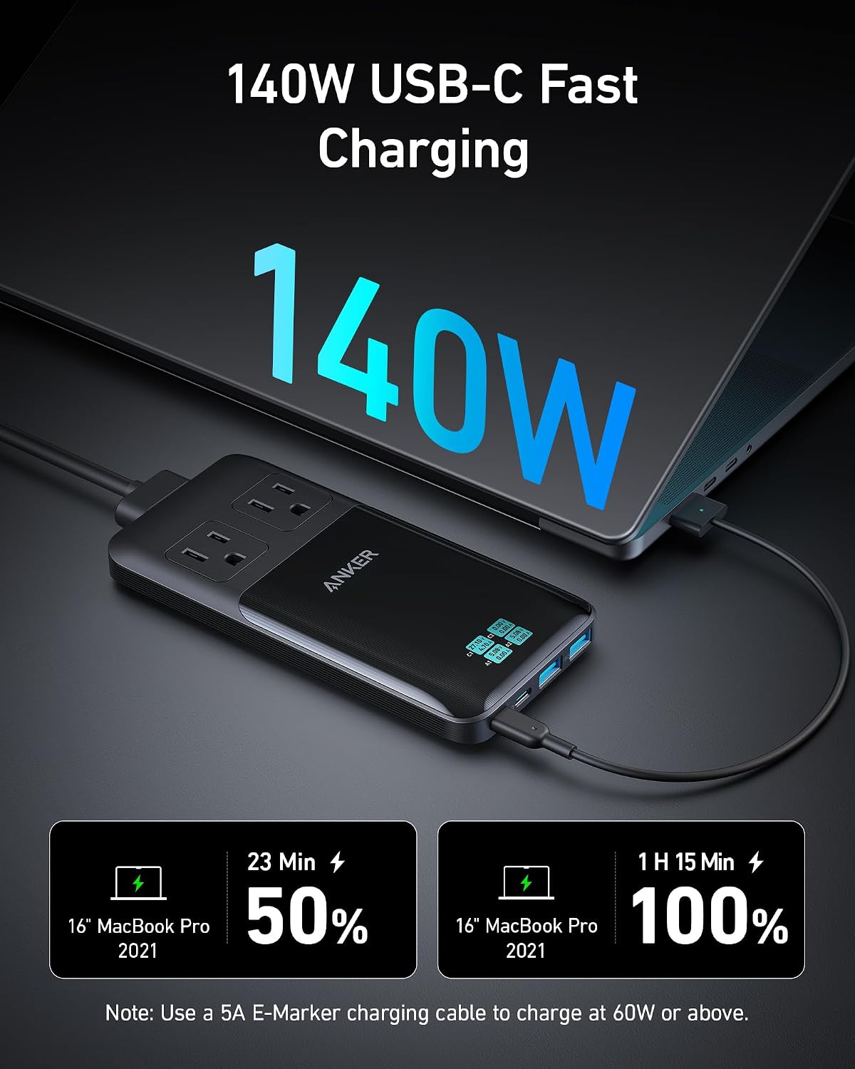 Anker Prime Charging Station, 140W 6-in-1 Travel Power Strip, 2 USB C | 2 AC, 2 USB A, 5ft Detachable Extension Cord with Multiple Outlets, Desk Accessories, Home Office (Non-Battery/Wireless)