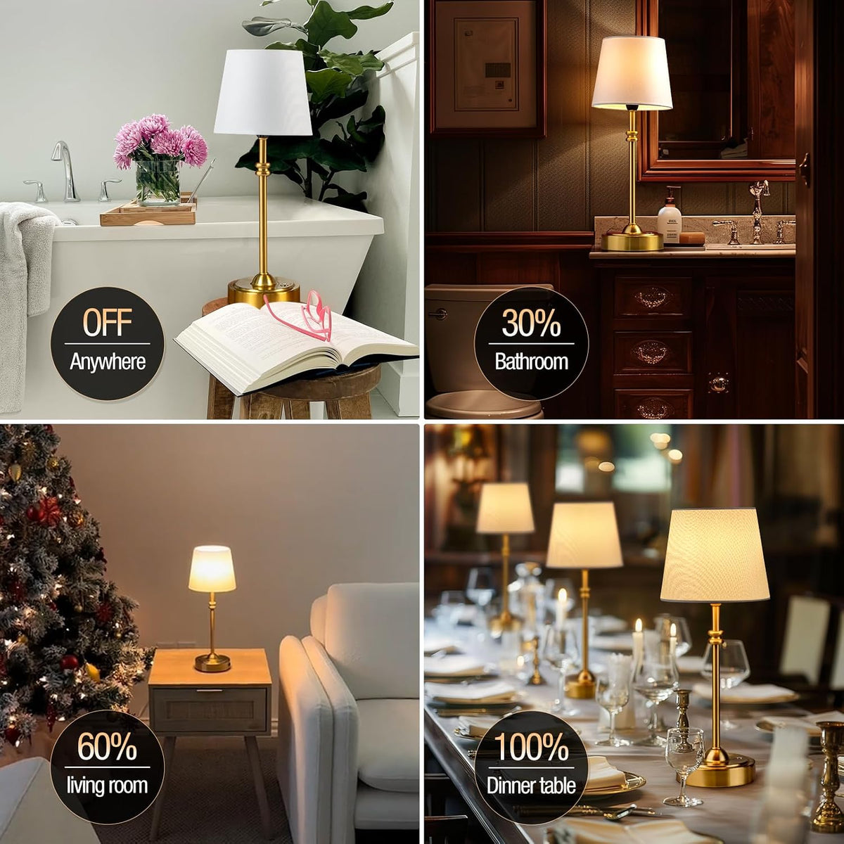 ONEWISH Cordless Lamp-Battery Operated Table lamp, 4000mAh Rechargeable, Stepless Dimmable, Small Touch Bedside Lamp with Fabric Shade, for Dining, Patio, Bathroom(Gold)