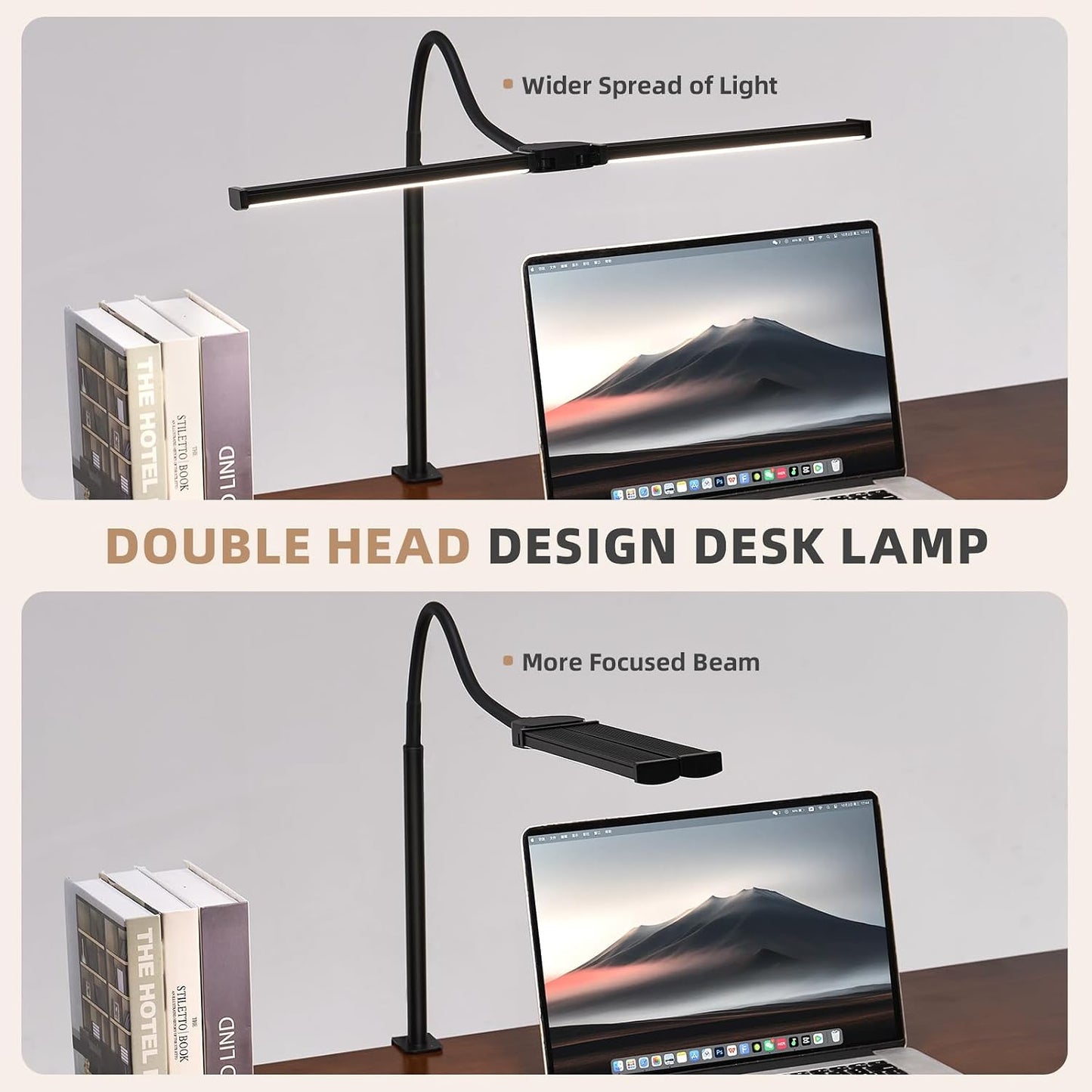 LED Desk Lamp for Home Office, Double Head Desk Light with Clamp | 3 Modes 10 Brightness, Long Flexible Goose-Neck, Eye-Caring, Memory Function, Energy Efficient, USB Adapter, Metal, Black