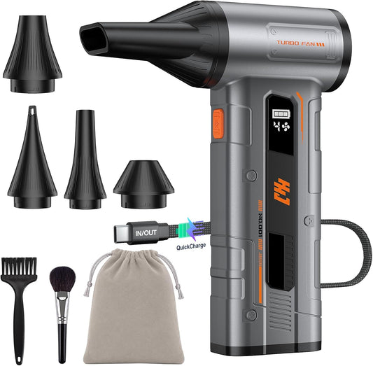 HHJ BC07 Electric Air Duster, 150,000 RPM, 20W PD Fast Charging, 30W Power Output, 4 Speeds & 5 Nozzles, LED＆SOS Light, Compressed Air Alternative for PC, Keyboard, Car, Home & Outdoor