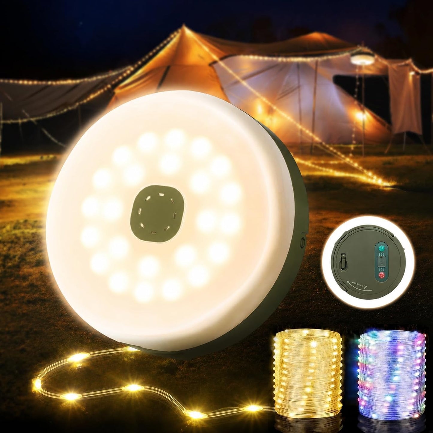 Camping String Lights, 32.8FT Rechargeable Camping Lights with Quick Storage Reel, 8 Modes Waterproof Hanging LED Camping Lights for Tent, RV Awning, Patio and Outdoor Camping Gear Essentials