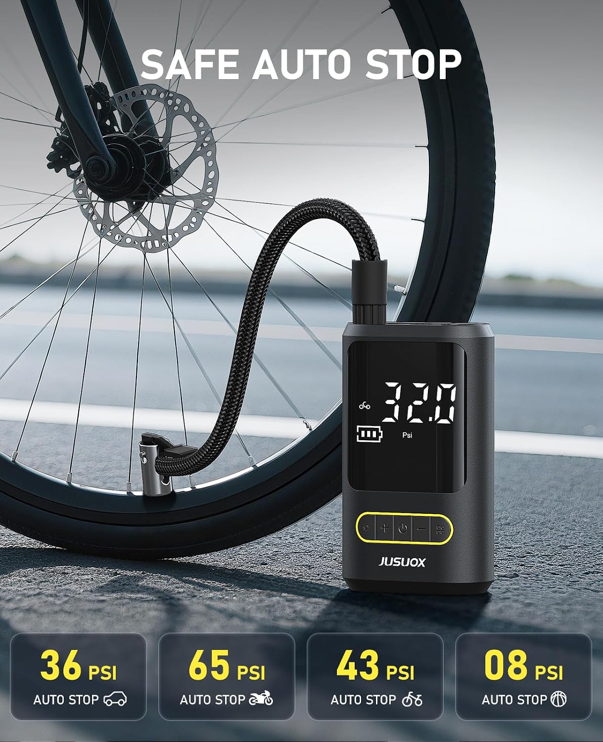 JUSUOX Tire Inflator Portable Air Compressor, 150PSI Cordless, Auto Off | Electric Bike Pump for Cars, Motorcycles & Balls, Features a Digital Pressure Gauge and LED Light for Emergencies