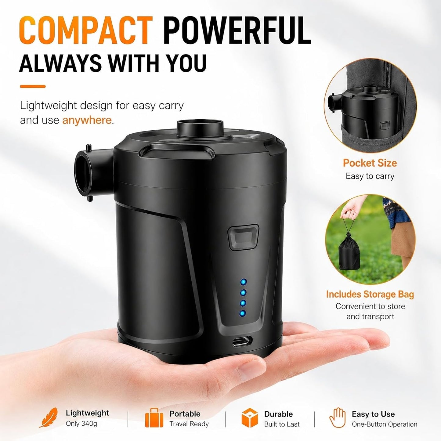 Air Pump for Inflatables,Air Mattress Pump,5200mAh Battery,Camping Essentials,Electric Air Pump,4 Air Nozzles,Fast Inflate,Inflatable mat,Air Mattresses Beds,Pool Floats,Vacuum Storage