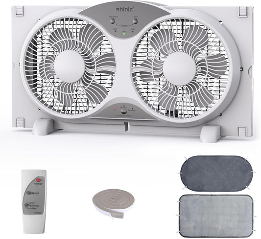 shinic 2026 9 Inch Twin Window Fan – Quiet, Reversible Airflow, with Removable Cover and Bug Screen, 3 Speeds, Adjustable Width 23.5"-37", ETL Certified for Bathroom/Kitchen, ETL Certified