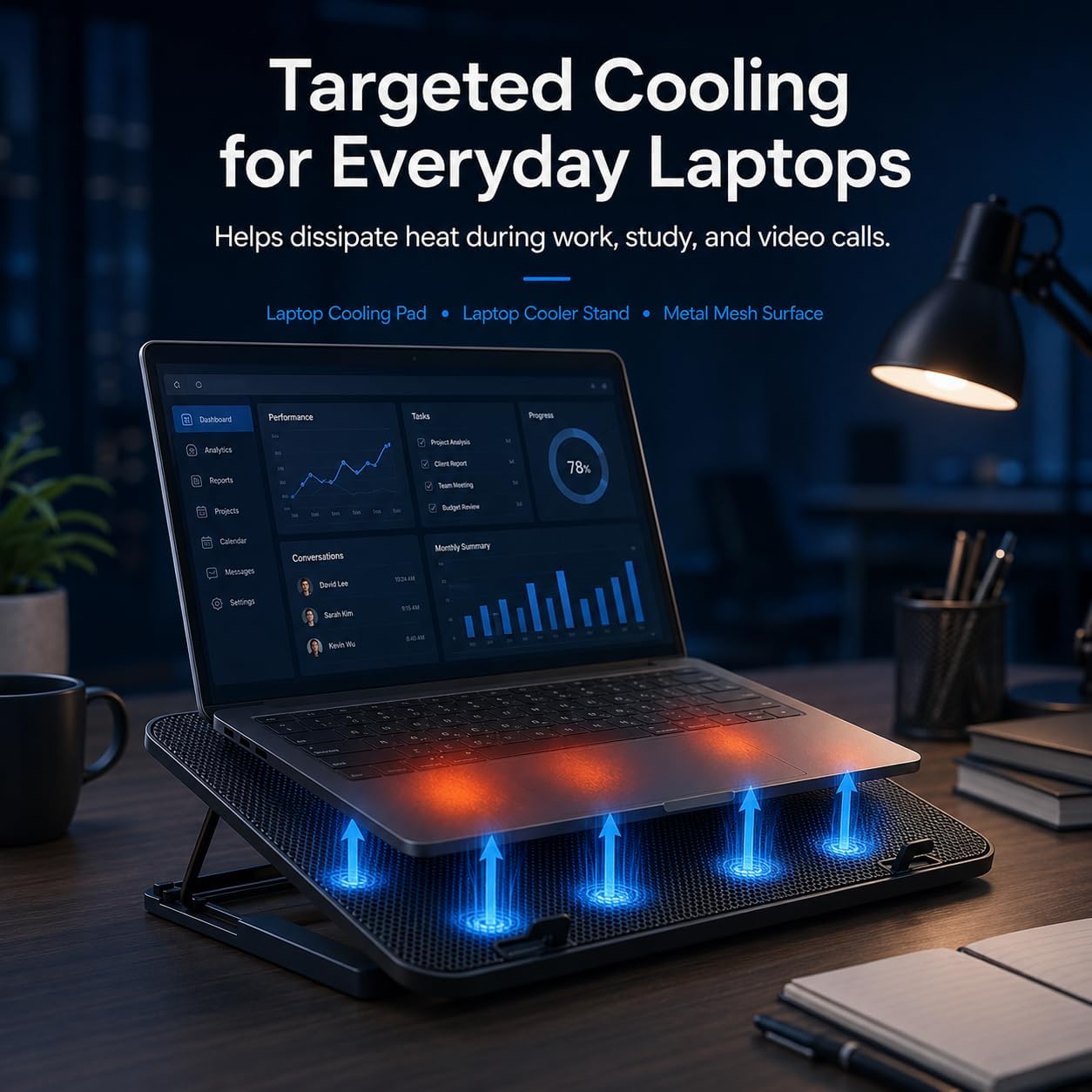 Rappet Laptop Cooling Pad, 6 Fans, 4-Level Stand, Dual USB, 12-17 Inch | Cooling and ergonomic support for 12-17 inch laptops, ideal for home offices, study spaces and daily work.