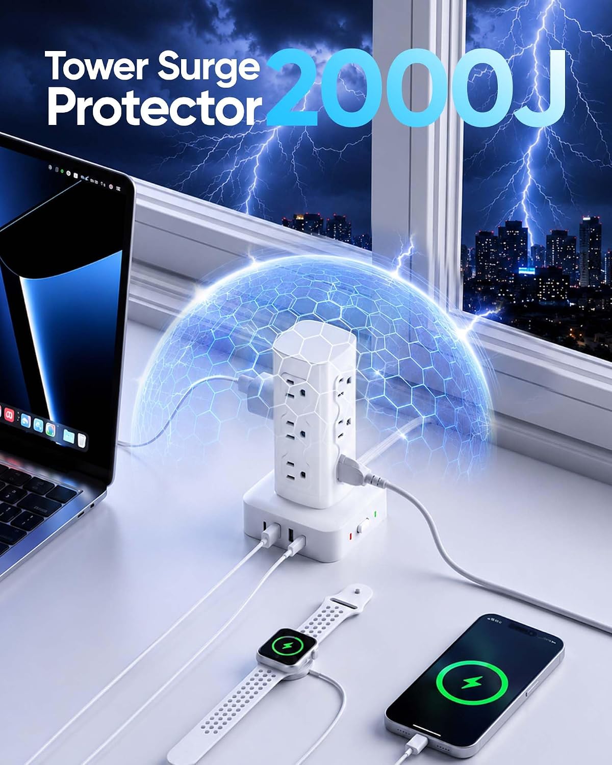 Power Strip Tower Surge Protector(2000J), Flat Plug Charging Station Tower with 12 AC Outlets & 4 USB Ports(2 USB C), 6FT Extension Cord for Home Office Dorm, White